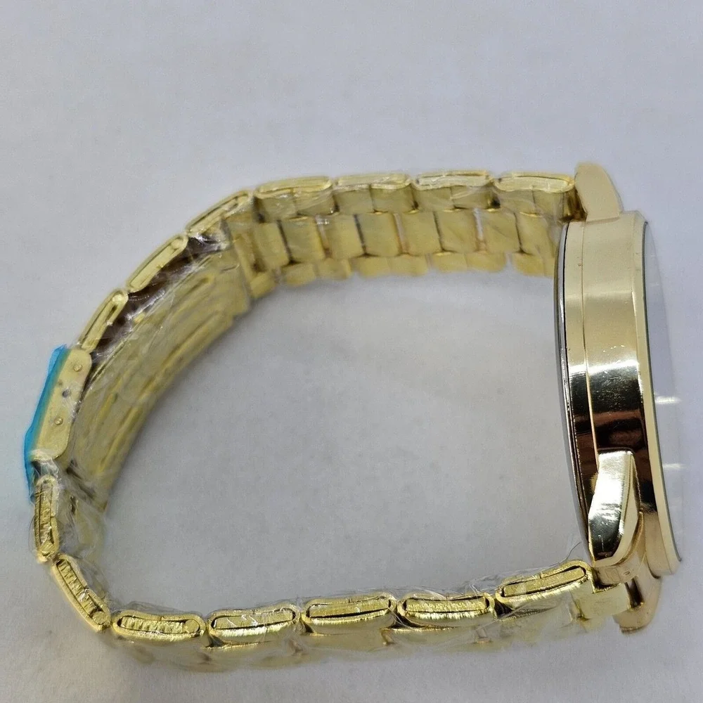 3PC Men's Watch Bracelet Necklace Set 41MM Black Dial Date Gold Bracelet Band 7